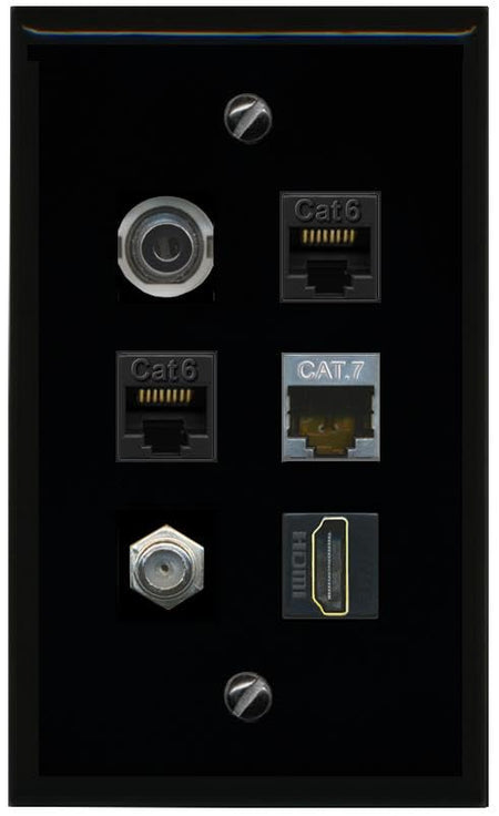 RiteAV 3.5mm 2 CAT6 CAT7 COAX HDMI Flat/Solid Wall Plate [Black]