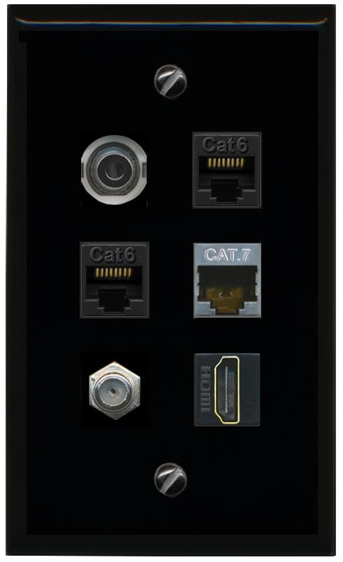 RiteAV 3.5mm 2 CAT6 CAT7 COAX HDMI Flat/Solid Wall Plate [Black]