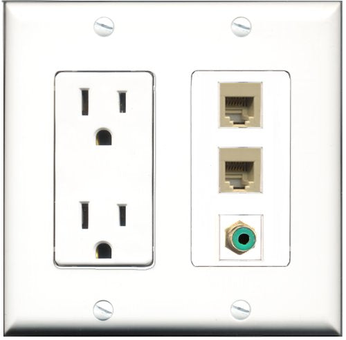 RiteAV - 15 Amp Power Outlet 1 Port RCA Green 2 Port Phone Beige Decorative Wall Plate