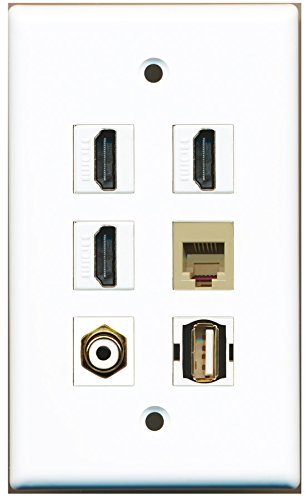 RiteAV - 3 HDMI 1 Port RCA White 1 Port USB A-A 1 Port Phone RJ11 RJ12 Beige Wall Plate