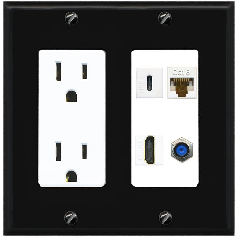 RiteAV USBC HDMI Cat6 Coax F81 Wall Plate - Outlet [Black/White]