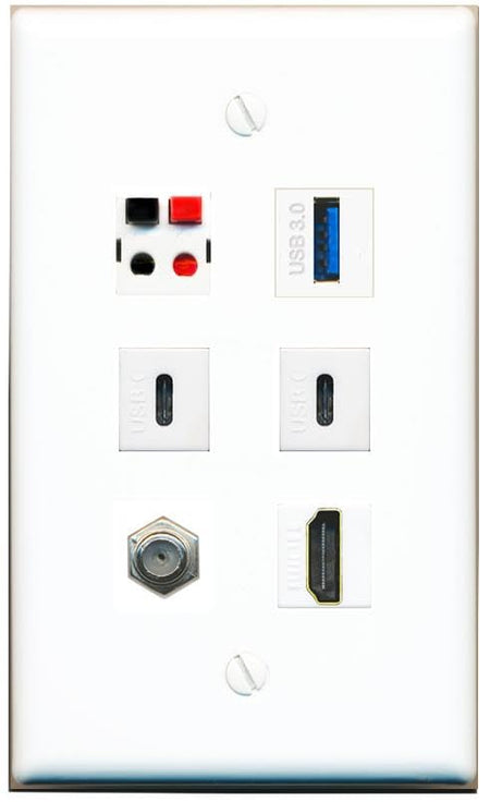 RiteAV COAX HDMI SPEAKER USB-3 2 USBC Flat/Solid Wall Plate [White]