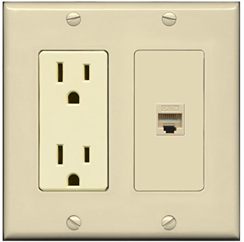 RiteAV - 15 Amp Power Outlet and 1 Port Cat5e Ethernet Decorative Type Wall Plate - Ivory