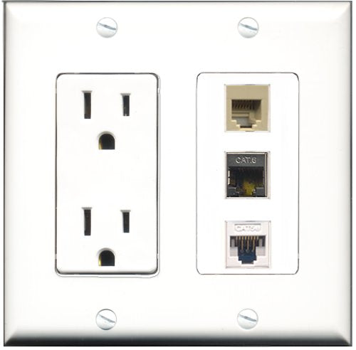 RiteAV - 15 Amp Power Outlet 1 Port Phone Beige 1 Port Shielded Cat6 Ethernet Ethernet 1 Port Cat5e Ethernet White Decorative Wall Plate