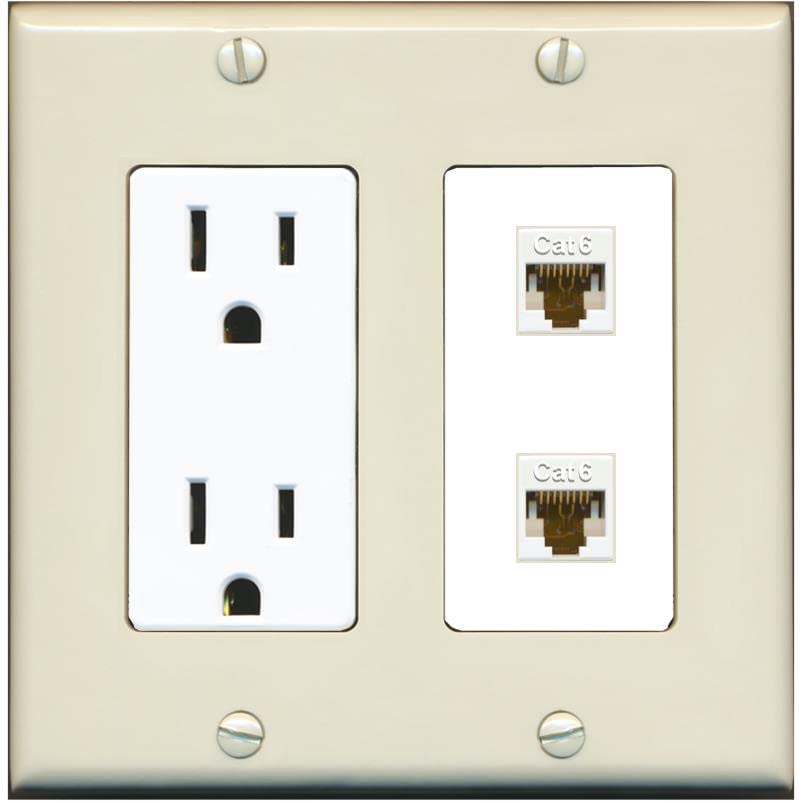 RiteAV 2 Port Cat6 Ethernet Wall Plate - Outlet [Light-Almond/White]