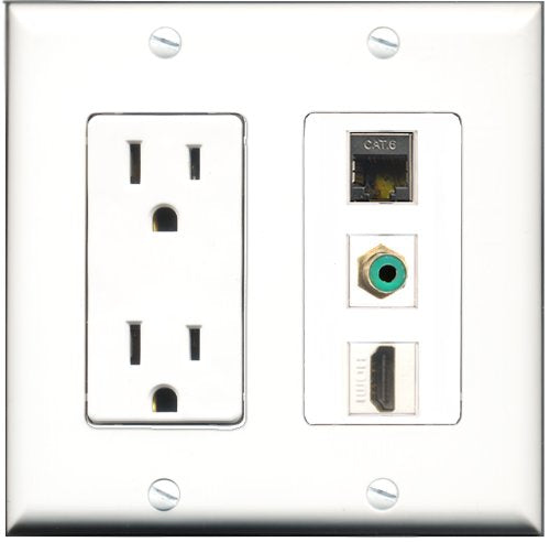 RiteAV - 15 Amp Power Outlet 1 Port HDMI 1 Port RCA Green 1 Port Shielded Cat6 Ethernet Ethernet Decorative Wall Plate