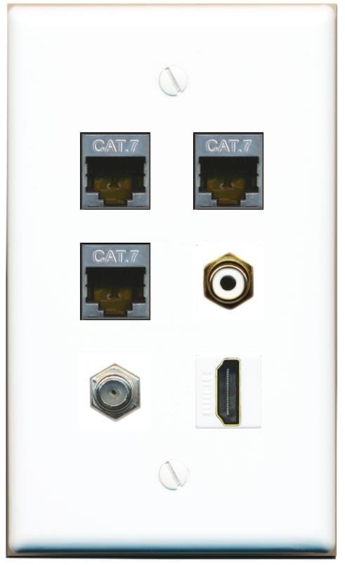 RiteAV 3 CAT7 COAX HDMI RCA-WHITE Flat/Solid Wall Plate [White]