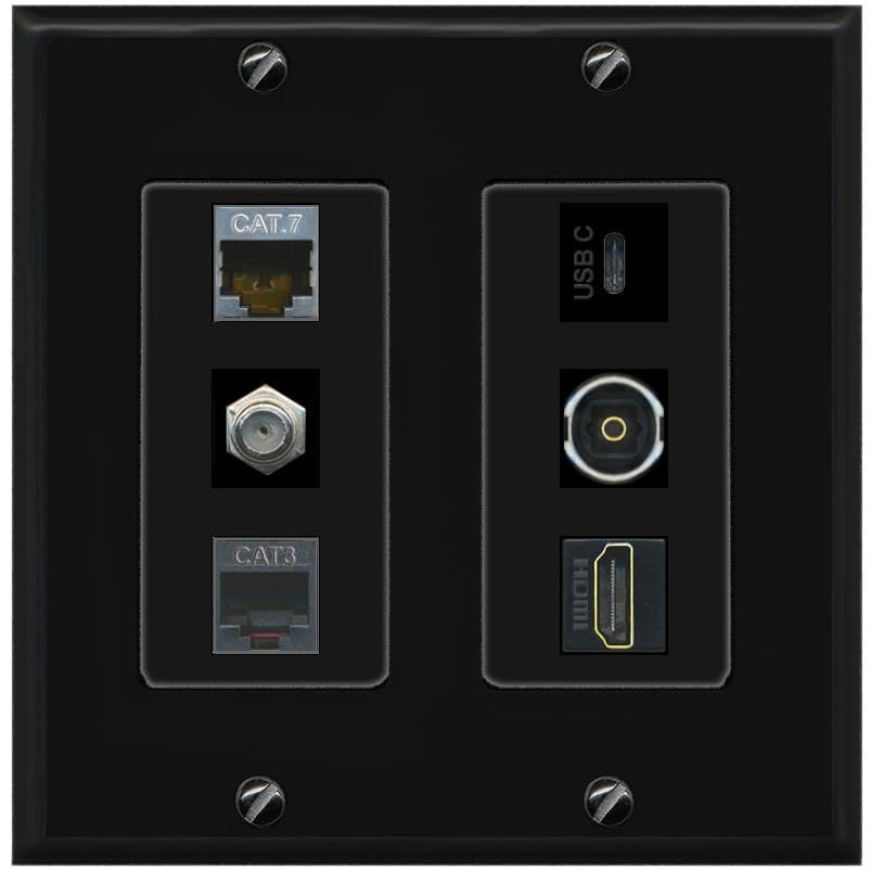 CAT7 COAX HDMI PHONE TOSLINK USBC Wall Plate-2 Gang Black/Black