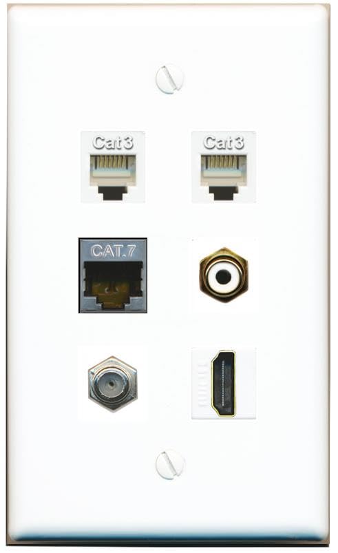 RiteAV CAT7 Coax HDMI 2 Phone RCA-White Flat/Solid Wall Plate [White]