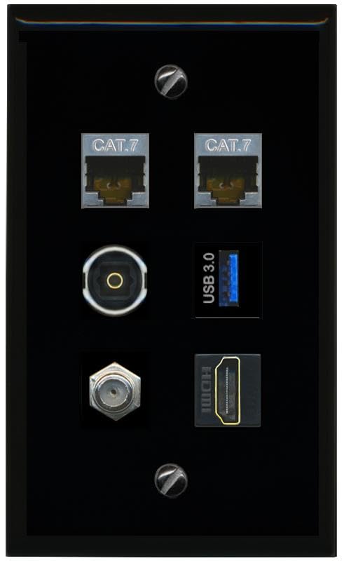 RiteAV 2 CAT7 Coax HDMI TOSLINK USB 3 Flat/Solid Wall Plate [Black]