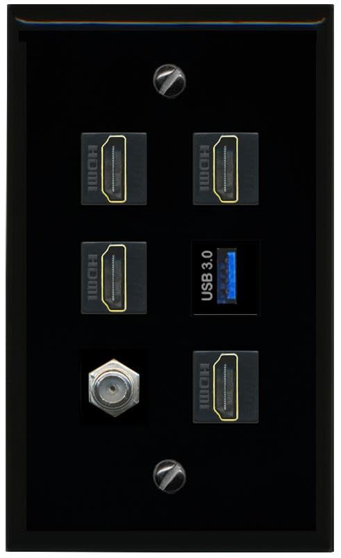 RiteAV COAX 4 HDMI USB 3 Flat/Solid Wall Plate [Black]