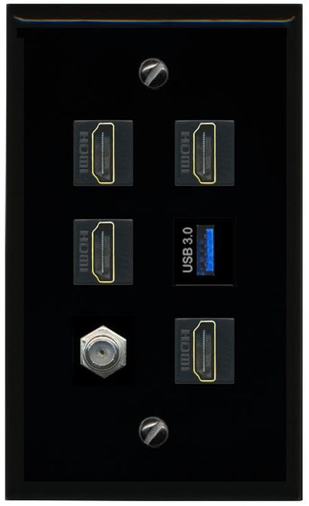 RiteAV COAX 4 HDMI USB 3 Flat/Solid Wall Plate [Black]