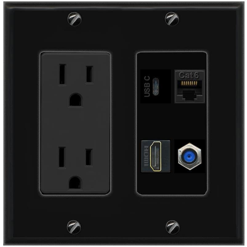 RiteAV USBC HDMI Cat6 Coax F81 Wall Plate - Outlet [Black/Black]