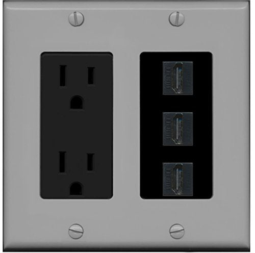 RiteAV - 15 Amp Power Outlet 3 Port HDMI Decorative Wall Plate - Gray/Black