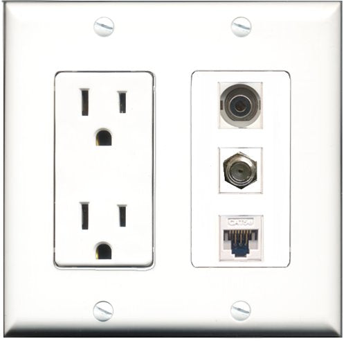 RiteAV - 15 Amp Power Outlet 1 Port Coax 1 Port 3.5mm 1 Port Cat5e Ethernet White Decorative Wall Plate