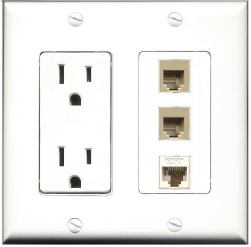 RiteAV - 15 Amp Power Outlet 2 Port Phone Beige 1 Port Cat6 Ethernet Ethernet White Decorative Wall Plate