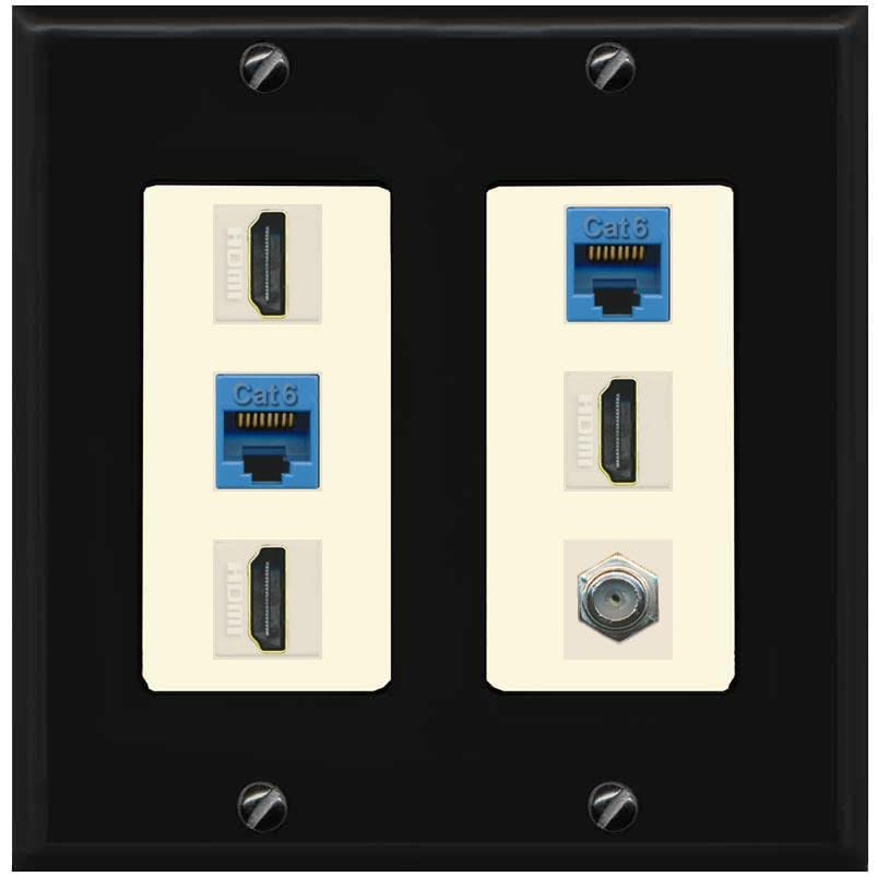 RiteAV 3 HDMI Wall Plate 2 Cat6 1 Coax - 2 Gang [Black/Light-Almond]