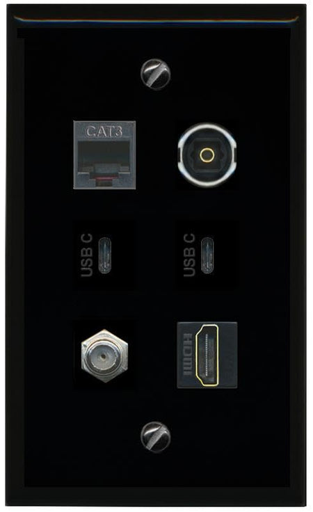 RiteAV Coax HDMI Phone TOSLINK 2 USBC Flat/Solid Wall Plate [Black]
