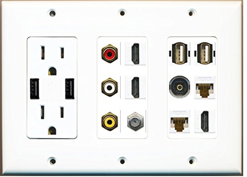 RiteAV - (3 Gang Outlet with 2-USB 3 HDMI Coax 2 Cat6 Composite Toslink 2 USB Wall Plate (USB Charger)