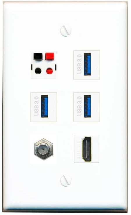 RiteAV COAX HDMI SPEAKER 3 USB-3 Flat/Solid Wall Plate [White]