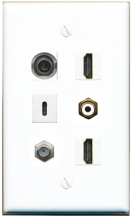 RiteAV 3.5mm Coax 2 HDMI RCA-White USBC Flat/Solid Wall Plate [White]