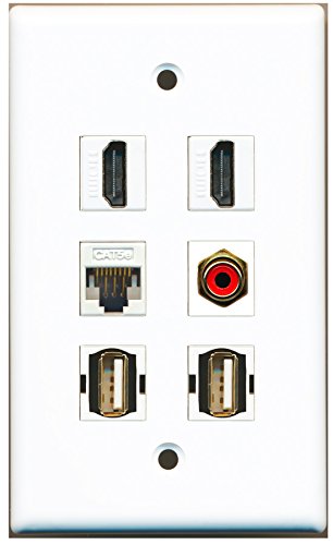 RiteAV - 2 HDMI 1 Port RCA Red 2 Port USB A-A 1 Port Cat5e Ethernet White Wall Plate