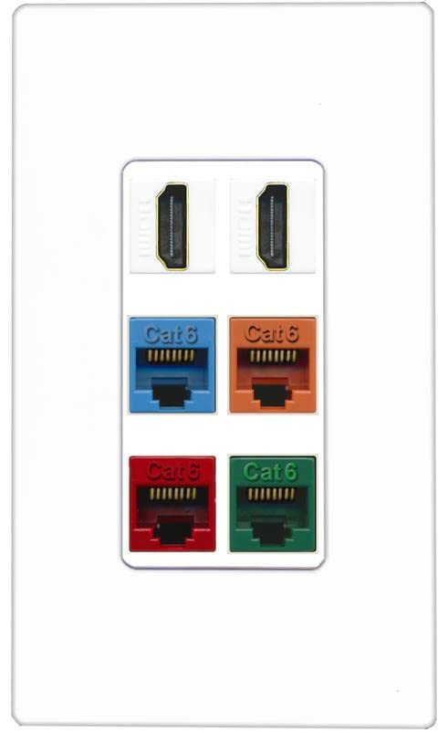 RiteAV 2 HDMI 4 Cat6 Ethernet Mixed Color Wall Plate - 1 Gang [Screwless White]