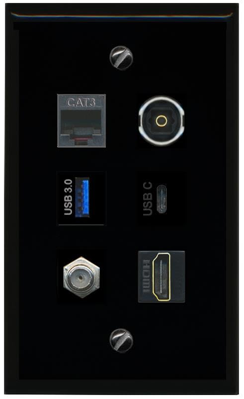 RiteAV Coax HDMI Phone TOSLINK USB 3 USBC Flat/Solid Wall Plate [Black]