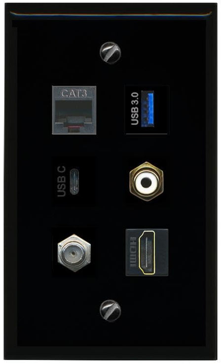RiteAV Coax HDMI Phone RCA White USB 3 USBC Flat/Solid Wall Plate [Black]
