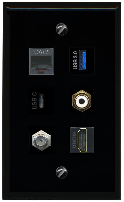 RiteAV Coax HDMI Phone RCA White USB 3 USBC Flat/Solid Wall Plate [Black]