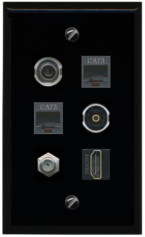 RiteAV 3.5mm Coax HDMI 2 Phone TOSLINK Flat/Solid Wall Plate [Black]