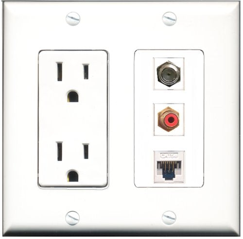 RiteAV - 15 Amp Power Outlet 1 Port RCA Red 1 Port Coax 1 Port Cat5e Ethernet White Decorative Wall Plate