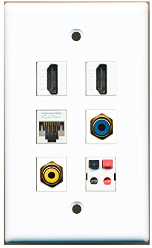 RiteAV - 2 HDMI 1 Port RCA Yellow 1 Port RCA Blue 1 Port Cat5e Ethernet White 1 Port Speaker Wall Plate