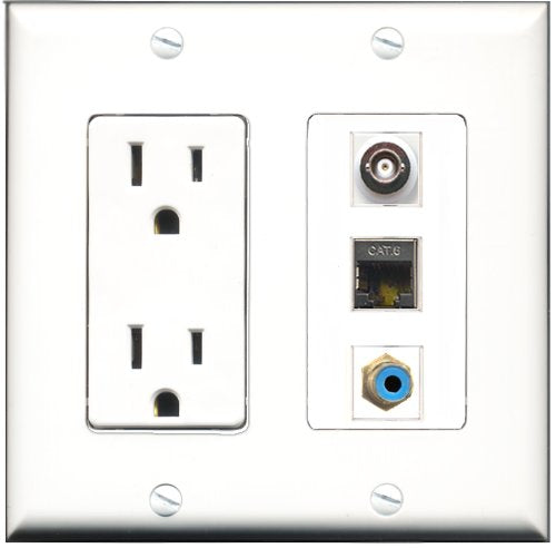 RiteAV - 15 Amp Power Outlet 1 Port RCA Blue 1 Port Shielded Cat6 Ethernet Ethernet 1 Port BNC Decorative Wall Plate