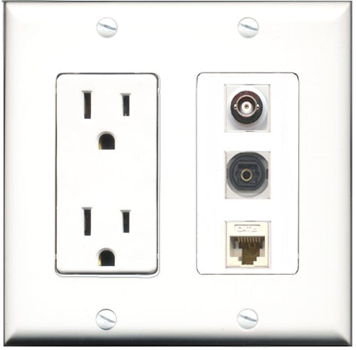 RiteAV - 15 Amp Power Outlet 1 Port Toslink 1 Port BNC 1 Port Cat6 Ethernet Ethernet White Decorative Wall Plate