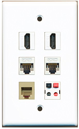 RiteAV - 2 HDMI 1 Port Phone RJ11 RJ12 Beige 2 Port Cat5e Ethernet White 1 Port Speaker Wall Plate