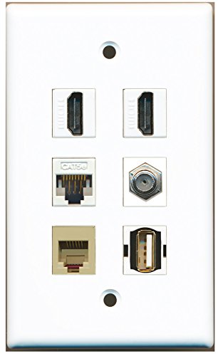 RiteAV - 2 HDMI 1 Port Coax Cable TV- F-Type 1 Port USB A-A 1 Port Phone RJ11 RJ12 Beige 1 Port Cat5e Ethernet White Wall Plate