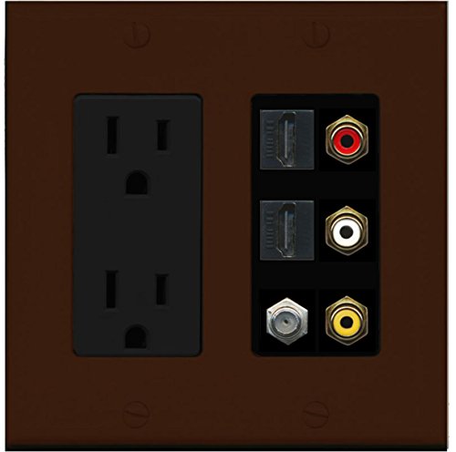 RiteAV - 2 x 15 Amp 125V Power Outlet 3 x RCA - 2 X HDMI and 1 x Coax Cable TV Port Wall Plate - Brown/Black