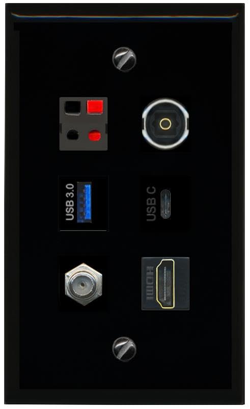 RiteAV COAX HDMI SPEAKER TOSLINK USB 3 USBC Flat/Solid Wall Plate [Black]