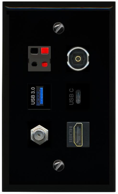 RiteAV COAX HDMI SPEAKER TOSLINK USB 3 USBC Flat/Solid Wall Plate [Black]