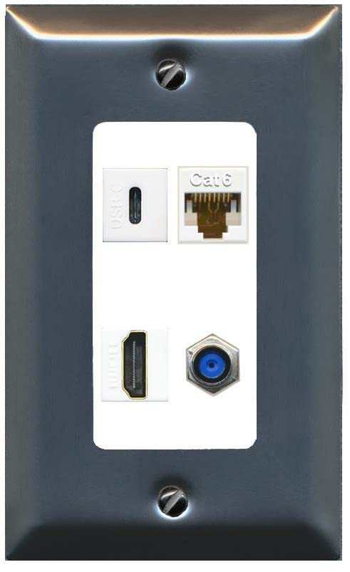 RiteAV USBC HDMI Cat6 Coax F81 Wall Plate - 1 Gang [Brushed-Nickel/White]