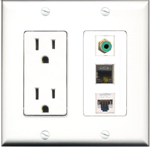 RiteAV - 15 Amp Power Outlet 1 Port RCA Green 1 Port Shielded Cat6 Ethernet Ethernet 1 Port Cat5e Ethernet White Decorative Wall Plate