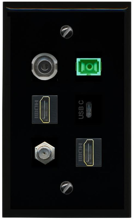 RiteAV 3.5mm Coax 2 HDMI SC APC Simplex Fiber USBC Flat/Solid Wall Plate [Black]