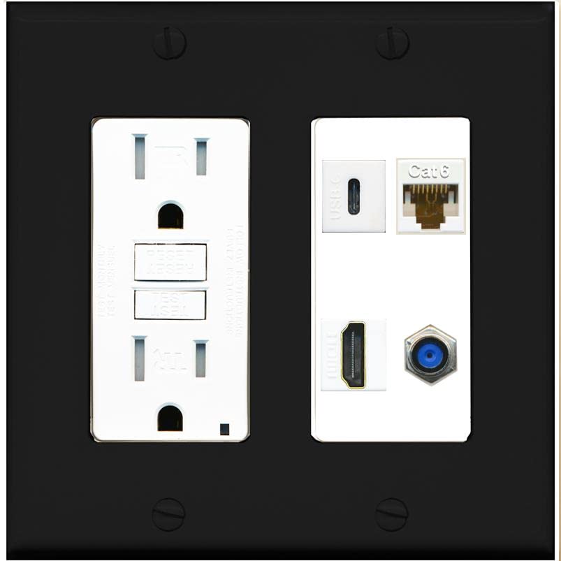 RiteAV USBC HDMI Cat6 Coax F81 Wall Plate - GFCI [Black/White]