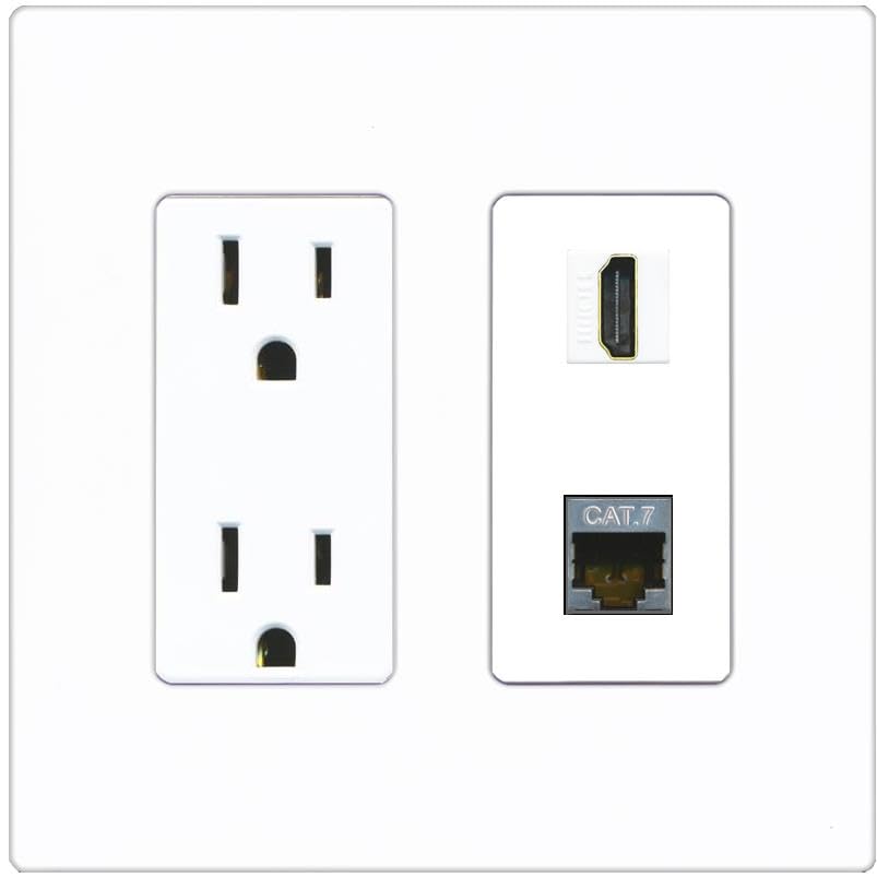 RiteAV HDMI and Cat7 Wall Plate - Outlet [Screwless White]