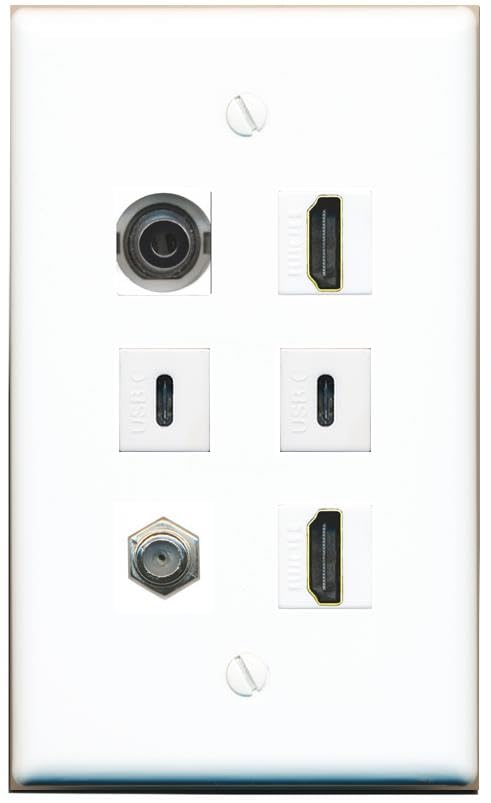 RiteAV 3.5mm Coax 2 HDMI 2 USBC Flat/Solid Wall Plate [White]