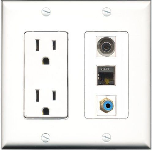 RiteAV - 15 Amp Power Outlet 1 Port RCA Blue 1 Port Shielded Cat6 Ethernet Ethernet 1 Port 3.5mm Decorative Wall Plate