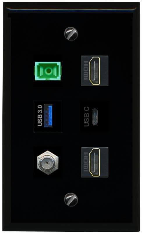 RiteAV Coax 2 HDMI SC APC Simplex Fiber USB 3 USBC Flat/Solid Wall Plate [Black]