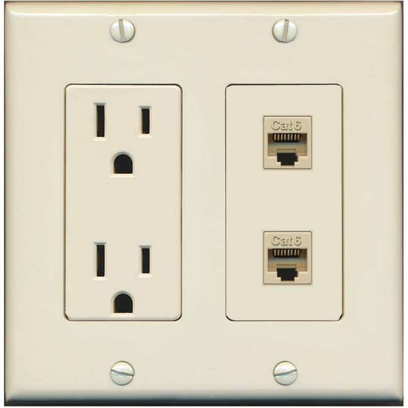 RiteAV 2 Port Cat6 Ethernet Wall Plate - Outlet [Light-Almond]