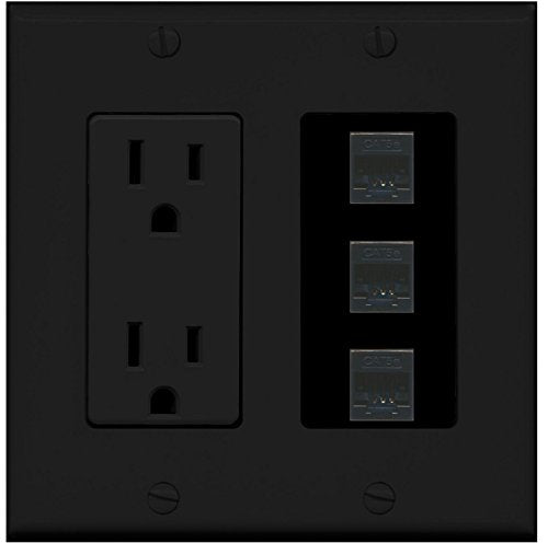 RiteAV (2 Gang Decorative 15A Power Outlet 3 Cat5e Black Wall Plate Black